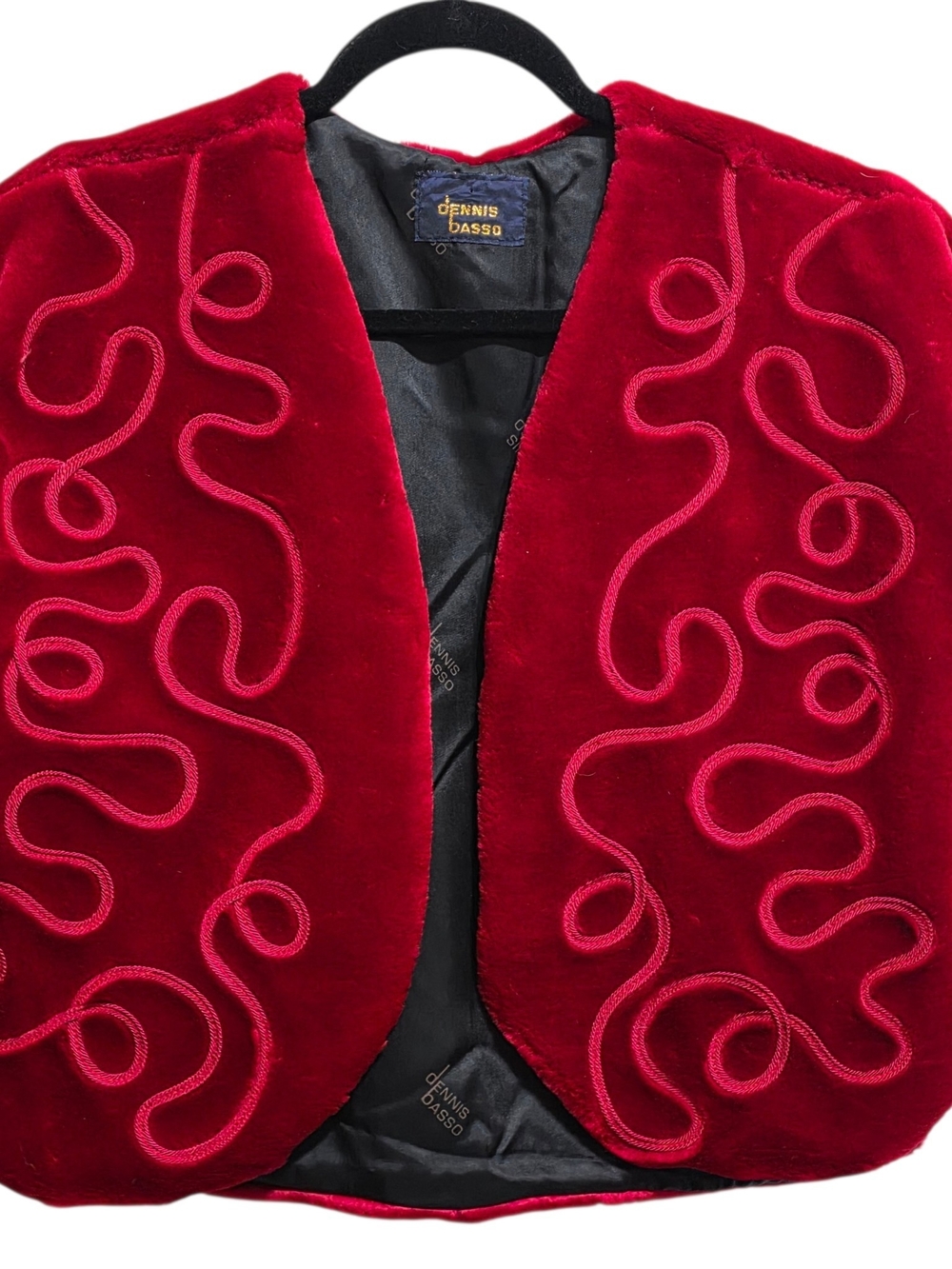 Dennis Basso Blue Velvet Faux Fur Vest L/XL Vtg 90s Open Front Statement Jacket